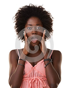Wow face, black woman and portrait in studio, isolated white background and crazy announcement. Model surprise at gossip