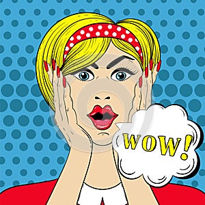 WOW face in Pop Art style, Surprised scared Woman with wow-sign