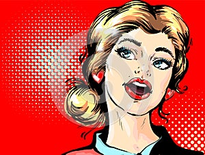 Wow female face. Sexy surprised young woman with open mouth and blond hair. Party invitation poster.