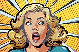 Wow female face. Sexy surprised young woman with open mouth, bright makeup Vector colorful background in pop art retro