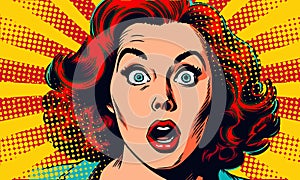 Wow female face. Sexy surprised young woman with open mouth, bright makeup Vector colorful background in pop art retro