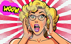 Wow female face. Sexy surprised young woman with open mouth, bright makeup Vector colorful background in pop art retro