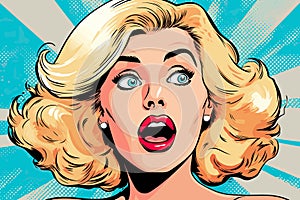 Wow female face. Sexy surprised young woman with open mouth, bright makeup Vector colorful background in pop art retro