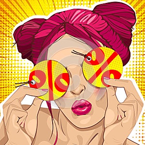 Wow female face. Sexy surprised young woman with pink hair. Vector bright background in pop art retro comic style. Beautiful pink