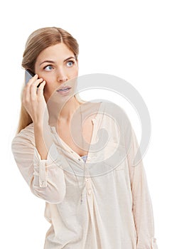Wow, gossip and shocked woman with phone call, news or info on studio for drama on white background. Omg, surprise and