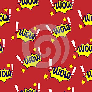Wow!-hand drawn lettering with stars illustration on red background. hand drawn vector, seamless pattern. speech bubble, comic boo