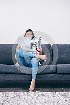 Wow, magazine or woman reading newspaper articles for trendy information on house sofa with wall mockup. Story