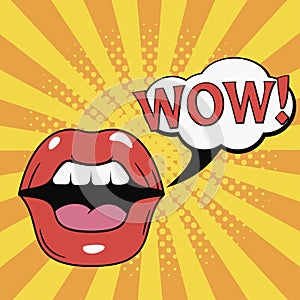 WOW. Mouth. Female Lips with speech bubble. Comics illustration in pop art style. Vector.