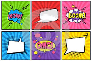 WOW! OMG! BOOM! Comic speech bubbles. Pop art vector label illustration. Vintage comics book poster on bright background.