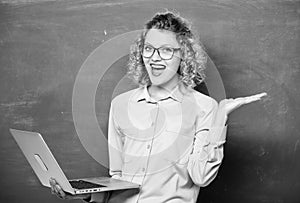 Wow. online education. business school. happy student in glasses with computer. teacher woman at blackboard. modern