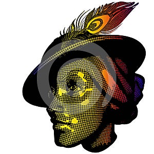 Wow pop art face mesh. Sexy emotion girl Vector colorful 3d grid background cartoon