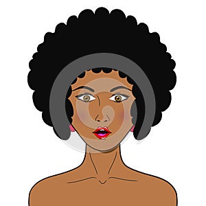 Wow pop art face. surprised african woman with open mouth i