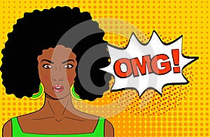 Wow pop art female face. surprised young african woman with