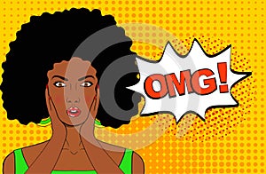 Wow pop art female face. surprised young african woman with