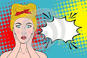 Wow pop art female face. surprised young woman with open mo