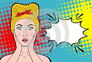 Wow pop art female face. surprised young woman with open mo