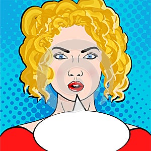 Wow pop art female face. surprised young woman with open mo