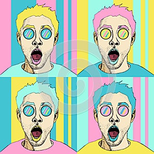 Wow pop art male face seamless pattern. surprised man with open mouth