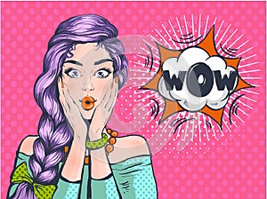 Wow Pop art surprised woman beautiful face with open mouth and bright violet hair on dotted background. Comic woman with