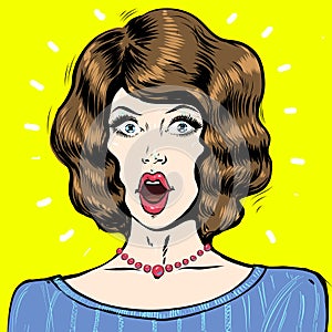 WOW pop art surprised woman face, portrait with open mouth and dark hair