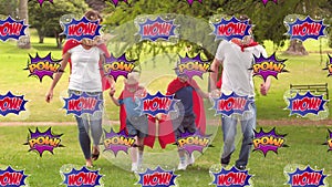 Wow and pow text on speech bubble against family in superhero costume running in the garden