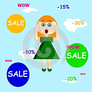 Wow sale signs with a girl in a flat style, vector illustration