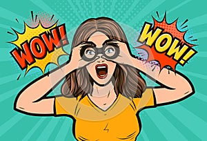 Wow. Sexy surprised woman with open mouth looking through binoculars. Vector illustration in pop art retro comic style