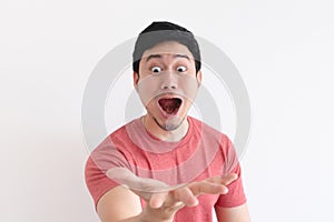 Wow and shocked face of funny man isolated on white background.