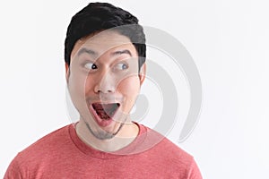 Wow and shocked face of funny man isolated on white background.