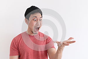 Wow and shocked face of funny man isolated on white background.