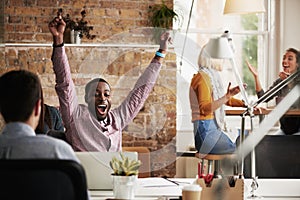 Wow, success and black man in happy celebration at work after sales, goals or reaching target in an office. Job
