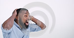 Wow, surprise and black man in studio with drama, gossip or shocking news on white background. Omg, profile and African