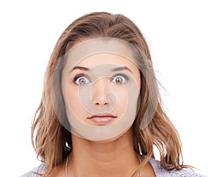Wow, surprise and portrait of woman in studio with shocking news, gossip or secret on white background. Eyes, face and