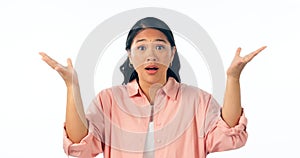 Wow, surprise and portrait of woman with why hands in studio with news, announcement or promo on white background. Omg