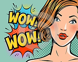 Wow, surprised beautiful girl or young woman. Beauty, pin-up concept. Pop art retro comic style. Cartoon vector photo