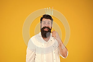 Wow what a surprise. happy birthday. hipster booth props yellow background. ready for fun. bearded man party crown. king