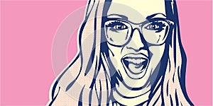 Wow woman. Pop art surprised blond woman face with open mouth. Woman with glasses.