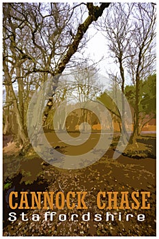 WPA inspired retro travel poster of Cannock Chase, Staffordshire, UK