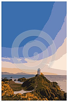 WPA inspired retro travel poster of Ynys Llanddwyn, Ynys Mon