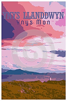 WPA inspired retro travel poster of Ynys Llanddwyn, Ynys Mon
