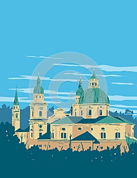 Cathedral of Saints Rupert and Vergilius in Salzburg Austria WPA Poster Art