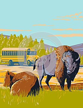 Wildlife Bus Tour and Bison in the Prairie of Yellowstone National Park Wyoming WPA Poster Art