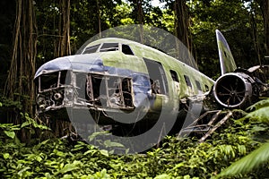 Wracked old rusty Airplane overgrown with foliage in jungle forest.