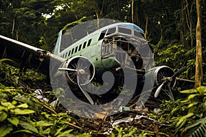 Wracked old rusty Airplane overgrown with foliage in jungle forest.