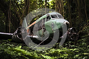 Wracked old rusty Airplane overgrown with foliage in jungle forest.