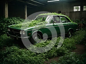 Wracked old rusty Russian car overgrown with foliage in jungle forest illustration