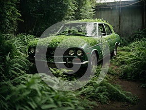 Wracked old rusty Russian car overgrown with foliage in jungle forest illustration