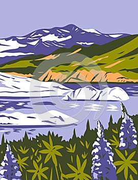 Wrangell-St. Elias National Park and Preserve with Purple Lupins in Nizina Lake in Alaska WPA Poster Art