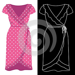 Wrap around dress image with white outline silhouette on black