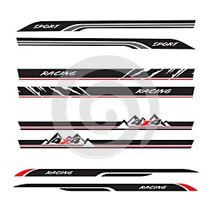 Wrap Design For Car vectors. Sports stripes, car stickers black color. Racing decals for tuning_20230429
